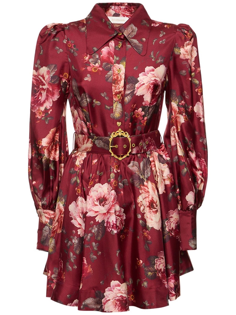 ZIMMERMANN Floral Burgundy Long-Sleeve Belted Mini Dress